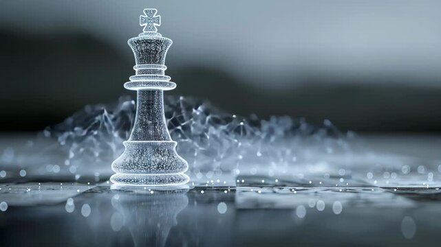 Digital glowing chess king piece on a futuristic chessboard, representing strategy, leadership, and business success concept 4k video