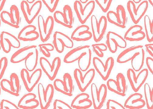 Pink grunge hearts seamless pattern with rough, distressed texture. Irregular hand-drawn heart shapes create a bold romantic background for Valentine&rsquo;s designs, packaging, stationery