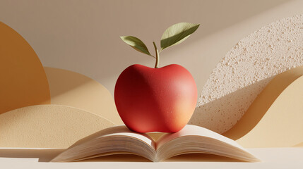 Red apple placed on open book with textured background, concept of Newton Day  