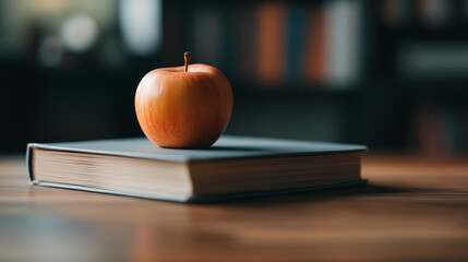 Red apple resting on an open book in a cozy study room - Concept of Newton Day  