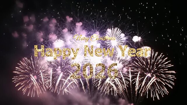 Fireworks exploding in the night sky with bright letters spelling out Happy New Year perfectly capturing the excitement of welcoming a new year, conveying a sense of celebration, prosperity.