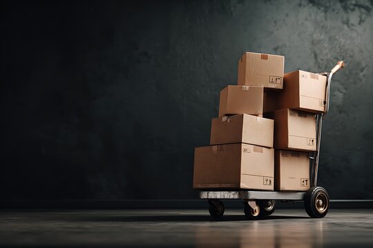 A stack of brown cardboard boxes on a hand truck, ready for shipping or delivery in a dark, industrial setting.