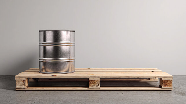 Metal drum placed on a wooden pallet in a minimal setting