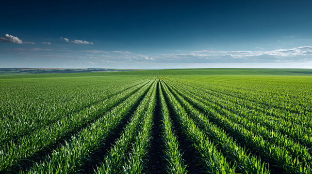 Lush green cornfield under a blue sky during daylight hours