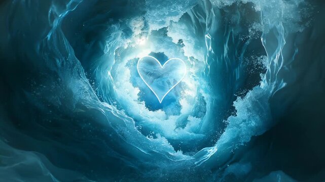 Glowing ice heart surrounded by swirling blue frozen water and abstract icy textures in a cold cave 4k video