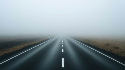 Fototapeta premium The road disappearing into a thick fog at dawn creates a mysterious and peaceful atmosphere. fog warning. low visibility