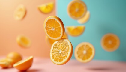 Fresh orange slices in mid-air. Citrus fruits pieces are levitating against pastel colors background. Vibrant juicy fruit slices for ads. Healthy food concept.