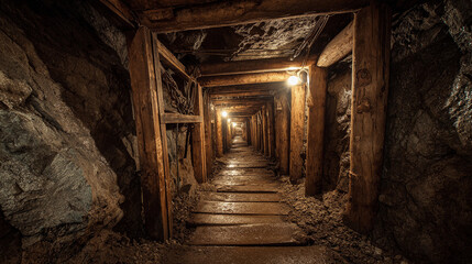 Exploring a dimly lit mine tunnel with wooden beams