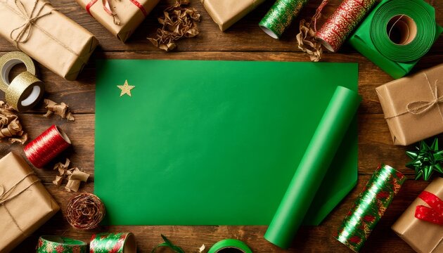 Holiday gifts and wrapping tools arranged around blank green paper on rustic wooden table, festive flat lay for season of giving celebration christmas copy space marketplace product card background - Powered by Adobe