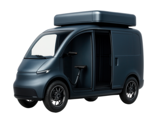 Enclosed cargo trike with sliding side doors and overhead storage.