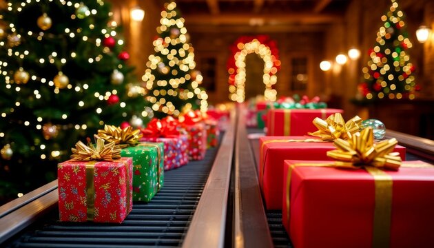 Christmas presents moving along a conveyor belt in a festive workshop environment, preparing for delivery during the holiday season surrounded by decorated christmas trees sale