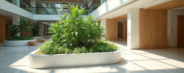 Modern office interior with indoor plants. Green decor enhances the design. Bright office space featuring natural light and wooden accents. Eco-friendly workplace with sustainable features.