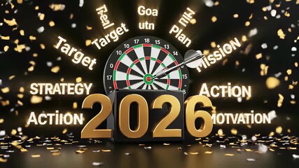 Dart hits bullseye on precision targeted dartboard with golden numbers, confetti, strategy, action, motivation themes, surrounded by year 2026 for goal oriented achievement and embracing change.