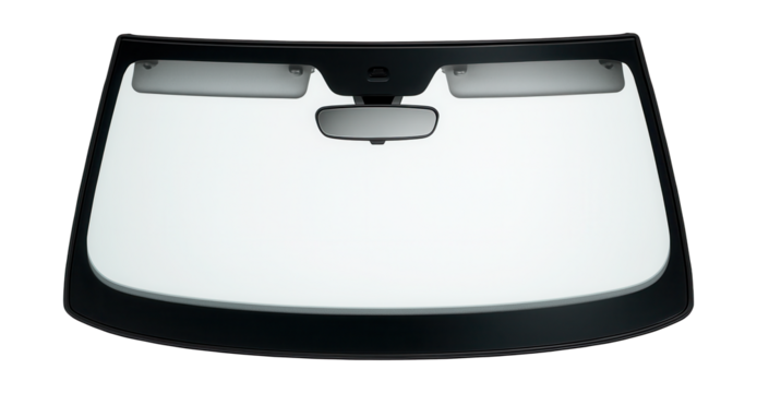 Panoramic windshield featuring integrated sun visors and a rearview mirror.