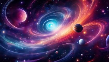 vibrant swirling galaxies and planets in deep space nebula