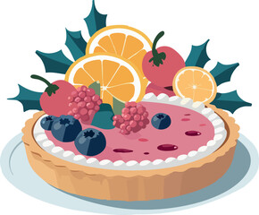 A festive holiday tart illustration topped with colorful berries, citrus slices, and holly leaves, perfect for Christmas celebrations,