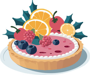 A festive pink berry tart decorated with blueberries, raspberries, orange slices, and green leaves on a white plate,