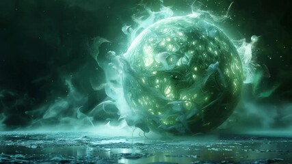 Mysterious glowing green sphere emitting ethereal energy and smoke on a reflective surface in a dark, cosmic setting 4k video - Powered by Adobe