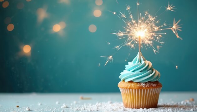 Single cupcake with blue frosting sparkles brightly from a lit sparkler. Cake sits on white surface with scattered powder, teal bokeh background lights.