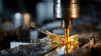 Stunning photo of close up of a machining process with lubricating oil.