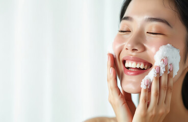 Young Asian woman washes face with rich bubble cleansing foam. Smiles with eyes closed, clearly enjoying daily skincare ritual. Female applies cleansing product for clean fresh healthy skin. Hands