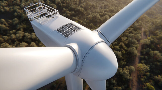 Modern wind turbine close-up with large white blades generating renewable energy in forest landscape at sunset - Powered by Adobe