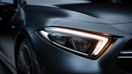 Stunning photo of closeup view of car front headlight showcasing modern design and highend automotive craftsmanship against a dark background.