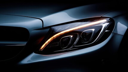 Stunning photo of closeup view of car front headlight showcasing modern design and highend automotive craftsmanship against a dark background.