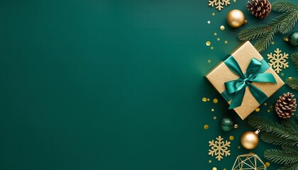 Elegant Christmas background with a golden gift box and festive decorations on a dark green backdrop.