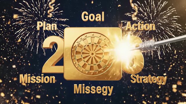 A precision crafted dart finds its mark at the center of a gleaming gold target surrounded by confetti like fireworks and bold text Mission Mission New Year Start in a 4K UHD close up shot.