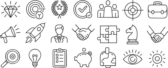 Black and white line icons for business and marketing concepts