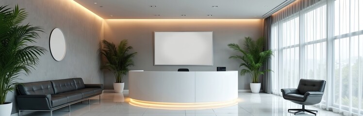 Modern reception area with white desk, black sofa, and armchair. Plants add life to the clean, bright space. A blank sign awaits content. Minimalist lobby design.