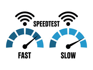 Two speedometers show fast and slow internet connection speeds with Wi-Fi symbols.