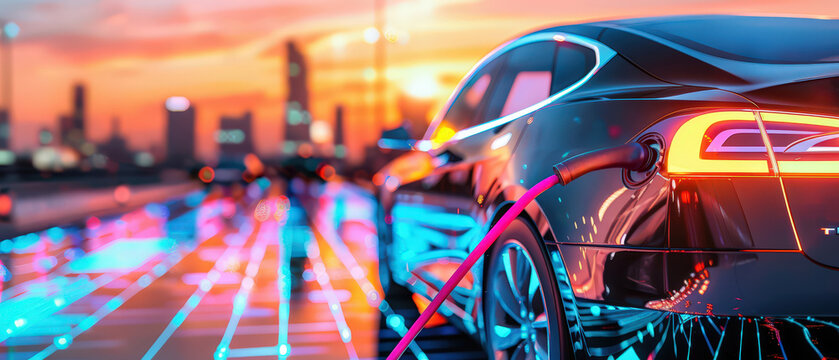 Fototapeta Electric car charging at station in futuristic city at sunset. Concept of innovation, clean energy, technology, sustainability, and urban mobility.
