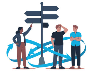 Three people stand at a crossroads signpost, contemplating their next decision.