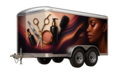 Dual-axle enclosed trailer featuring a graphic wrap for salon services.