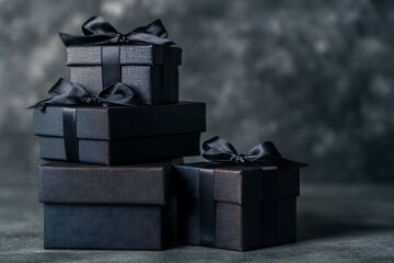A sophisticated stack of elegant black and dark blue gift boxes adorned with ribbons, creating a mysterious and luxurious atmosphere.