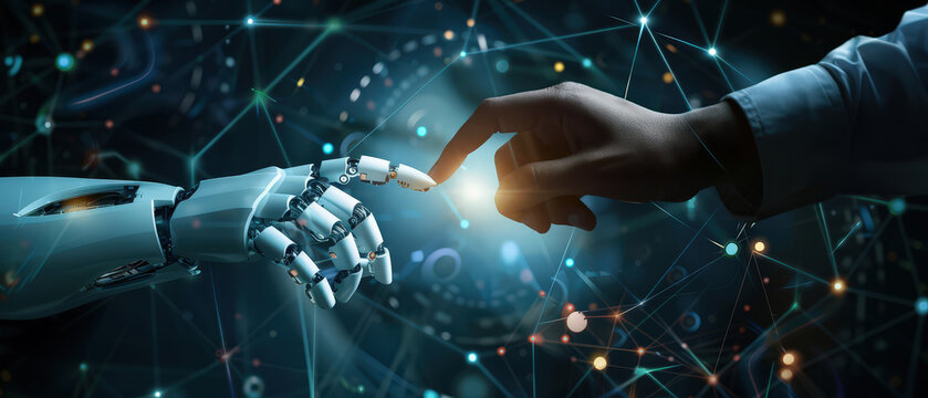 Human and robotic hands touching fingers with glowing light on blue digital background. Concept of artificial intelligence, innovation, and human technology connection.