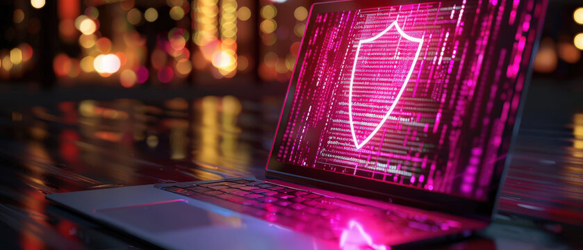 Laptop with holographic cybersecurity shield on glowing digital interface. Concept of data protection, online security, encryption, and cyber defense technology.