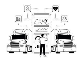 A person interacts with a smartphone displaying analytics between two semi-trucks.