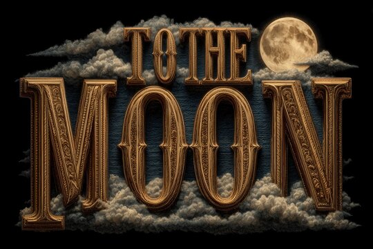Realistic design HD caricature of a living word "TO THE MOON" in big bold jazzy font letters, heaven clouds in the background, desire of sharp, dramatic and infinite price rise of crypto asset theme 