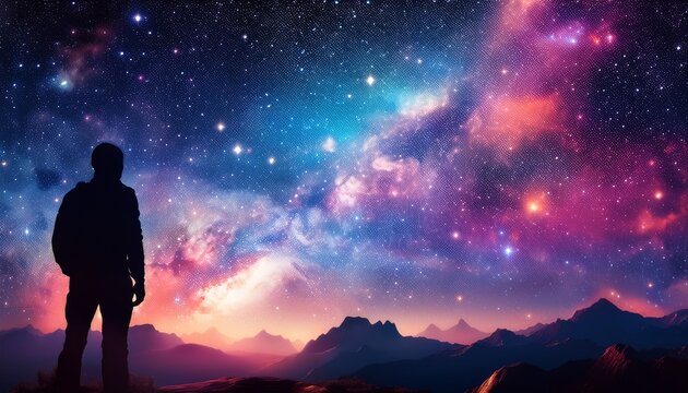 vast starry night sky with colorful nebulae and silhouette