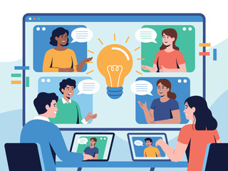 Diverse team collaborates on a bright idea during a video conference call.