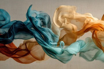 large-scale contemporary atmospheric abstraction with zero literal floral forms, inspired loosely by the motion and dispersal of monstera and oak plant, soft vaporous filament textured background