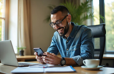 Young bearded man wears glasses, laughs happily using mobile phone. Sits at desk with laptop, documents, coffee cup. Guy reads good news messages, enjoying bright day in home office. Man smiles