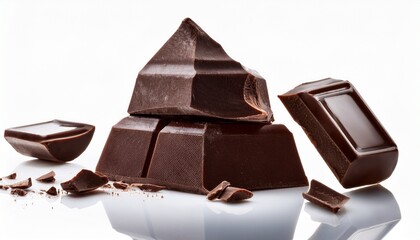 pieces of dark chocolate falling close up on a white background