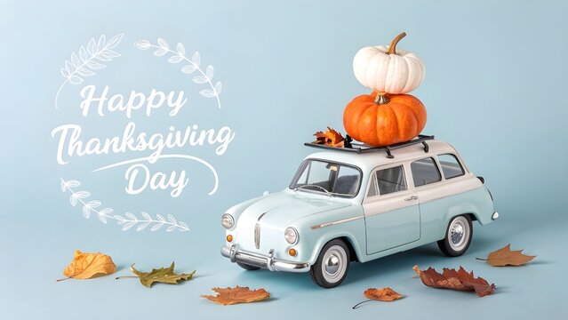 Happy Thanksgiving day vintage car with pumpkins on a bright blue background