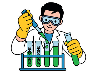 A scientist in a lab coat uses a pipette to transfer liquid into a test tube.