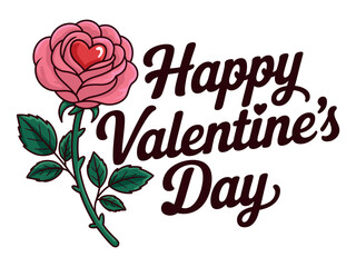 A pink rose with a heart-shaped center accompanies the text Happy Valentine's Day.