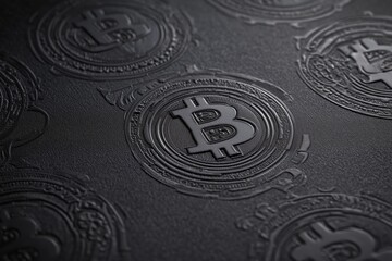 Seamless luxury wallpaper pattern of a bitcoin theme featuring only bitcoin 3d sign background, dark black tone-on-tone design coins outlined subtly